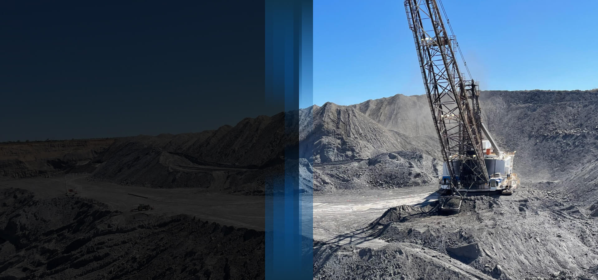 Large mining dragline operating in an open-cut mine with piles of excavated material and clear blue skies in the background.