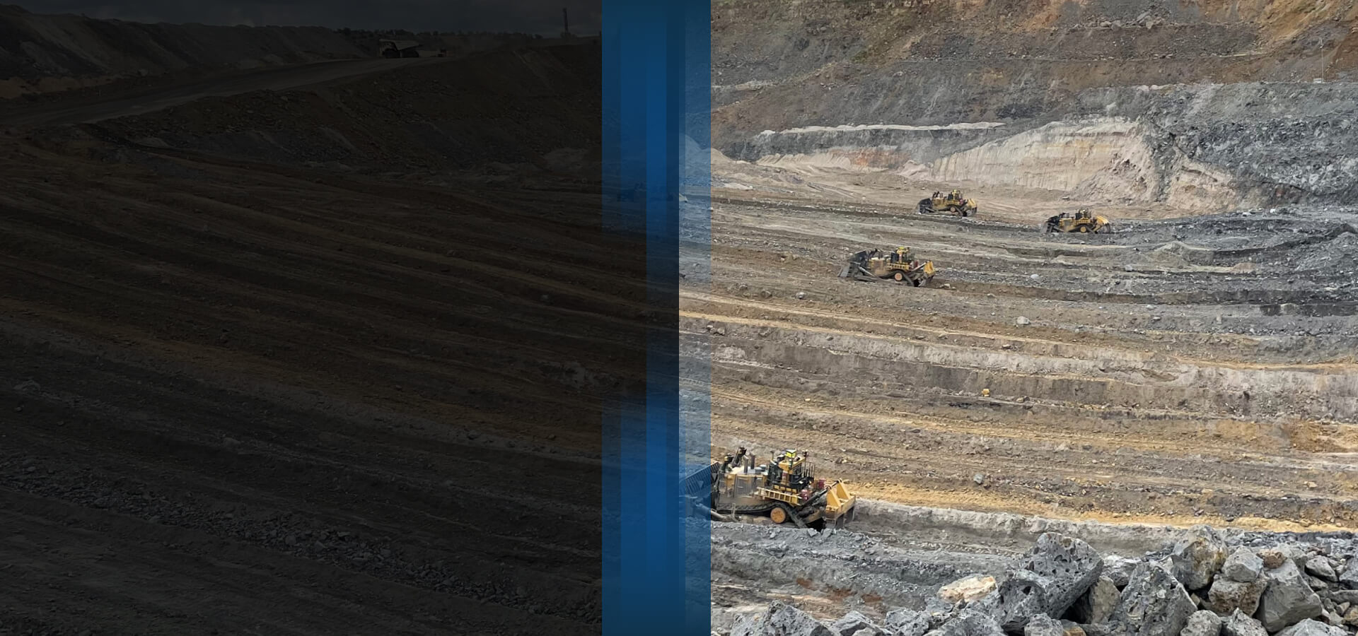 Aerial view of an open-cut mining operation, featuring heavy machinery, including excavators and dump trucks, working on different levels of the mine.